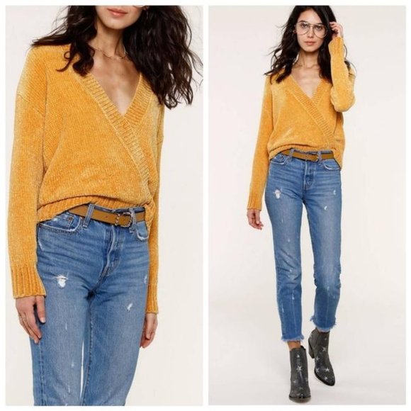 ANTHRO RUBY MOON Mustard Yellow Chenille Cropped Crossover V-Neck Trendy Sweater - Picture 1 of 9